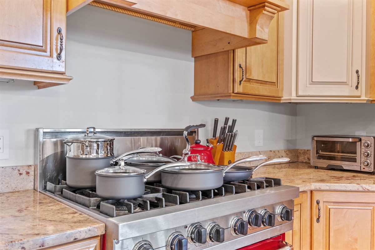 Fully stocked kitchen with massive island, viking range, sub zero fridge, dual beverage centers, and every you could need to cook like a chef and host all your guests