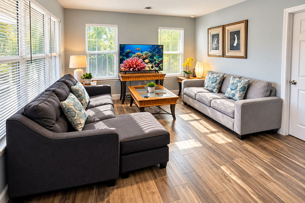 Living Room: Bright and airy space with modern decor, perfect for family fun and relaxation!