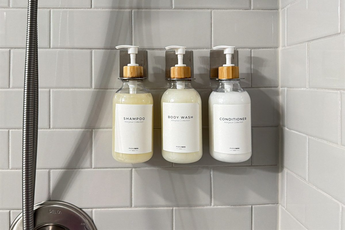 The counters are stocked down to the soap — the little things handled so you don't think about them.