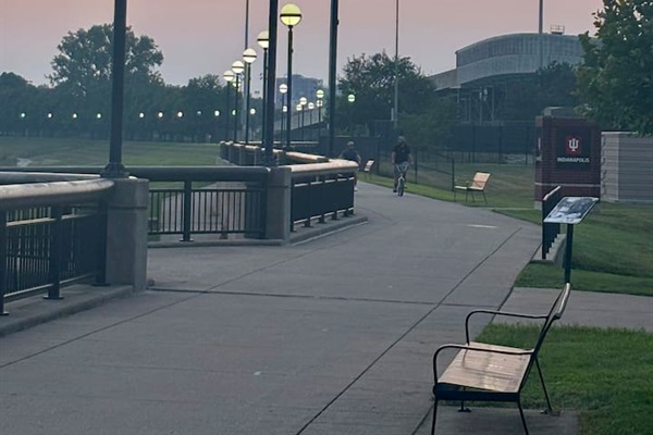 Streetlamps at dusk along White River Trail  - perfect for peaceful evening walks in the heart of Indy