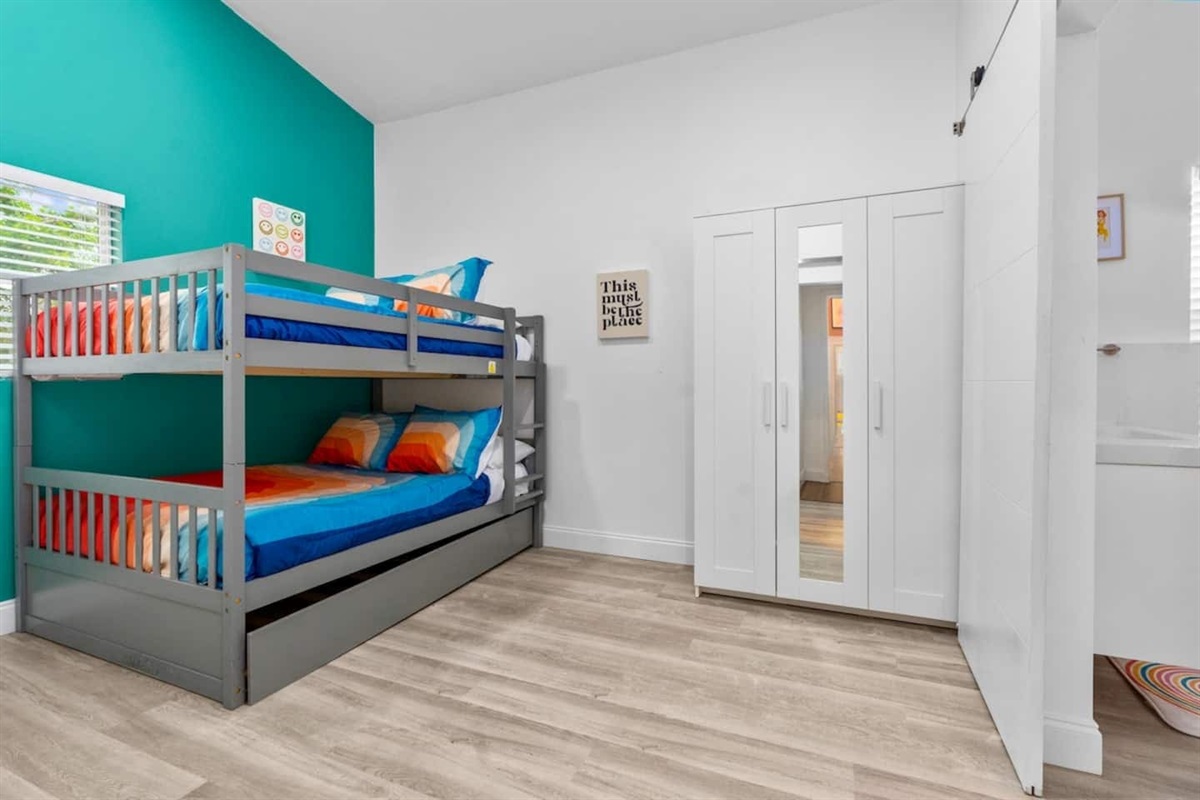 Bunk room with 2 Full Size beds and a twin size bed. Note the bunk bed has a 250 pound weight limit per bed. 