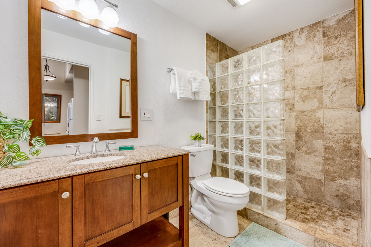 Bright bathroom with a tiled walk-in shower