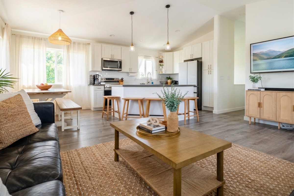 Full kitchen with dishwasher, oven / range, ridge, microwave, and kitchen appliances.