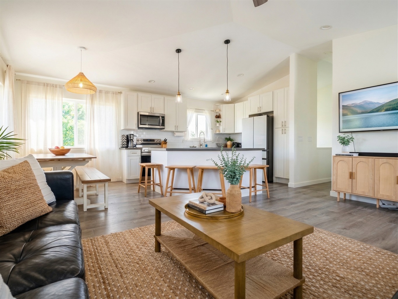 Full kitchen with dishwasher, oven / range, ridge, microwave, and kitchen appliances.