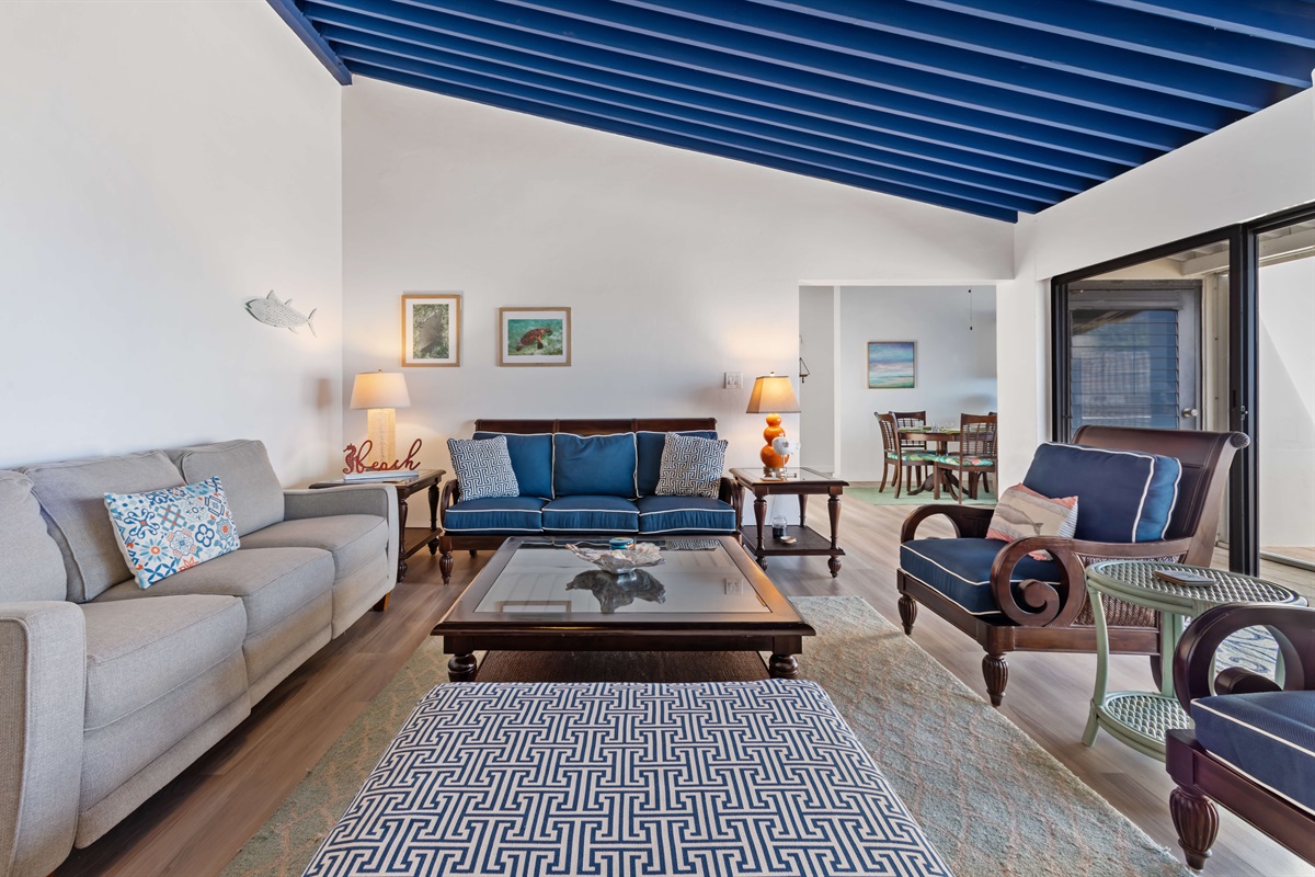 Chic interiors meet island living; your cozy corner with postcard-perfect views.