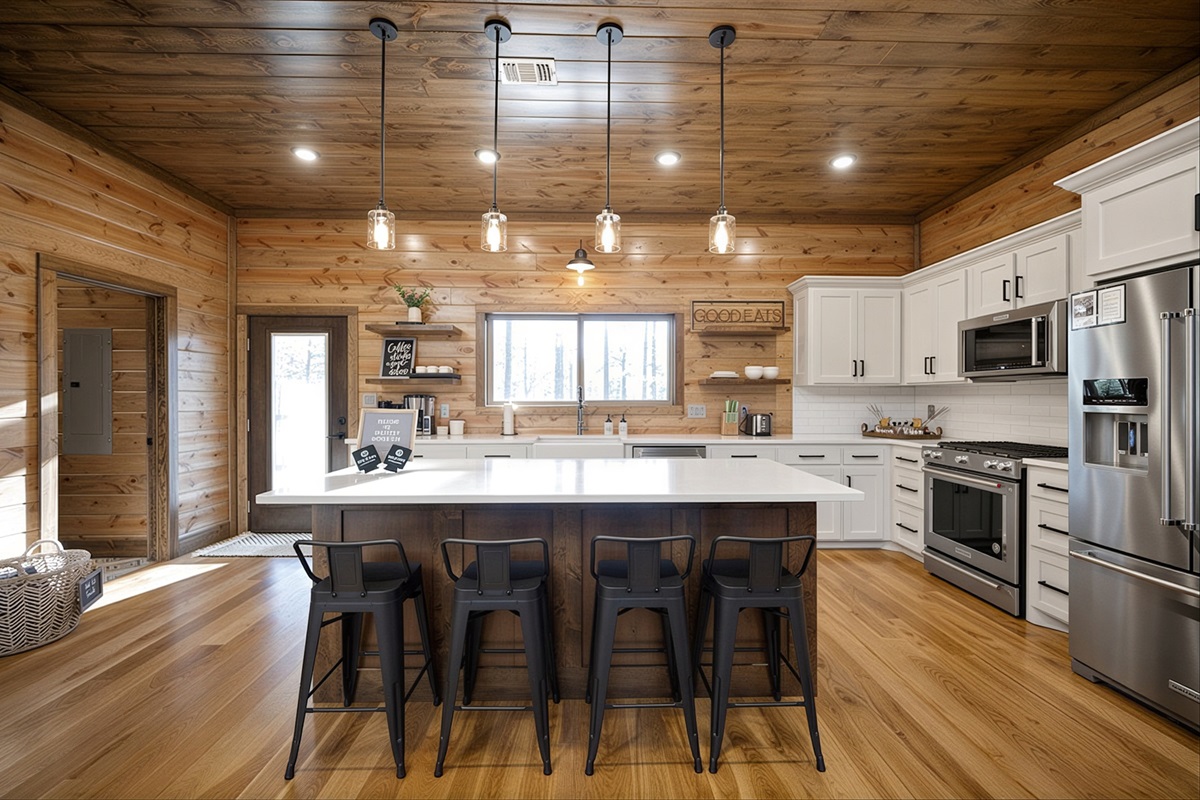 Spacious, fully stocked kitchen with stainless KitchenAid appliances and a large island for gathering.