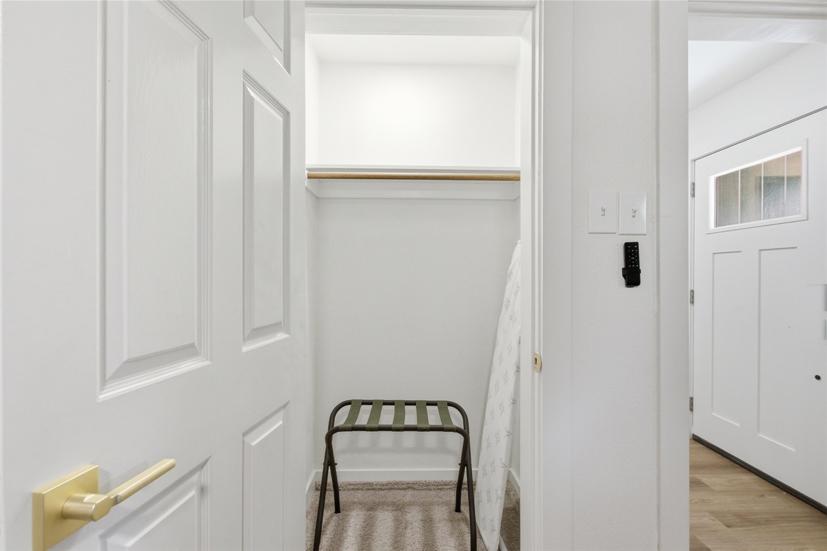 Closet, hangers, and chest of drawers in Bedroom 3. Lock on bedroom door. Portable Fan available. Ideal for extended stays near AT&T Stadium, Arlington entertainment district.