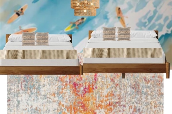 This is what the NEW guest bedroom will look like- This is the exact wallpaper, beds, fixtures and pillows that we’re using in the guest bedroom. 2 new Queen Beds!