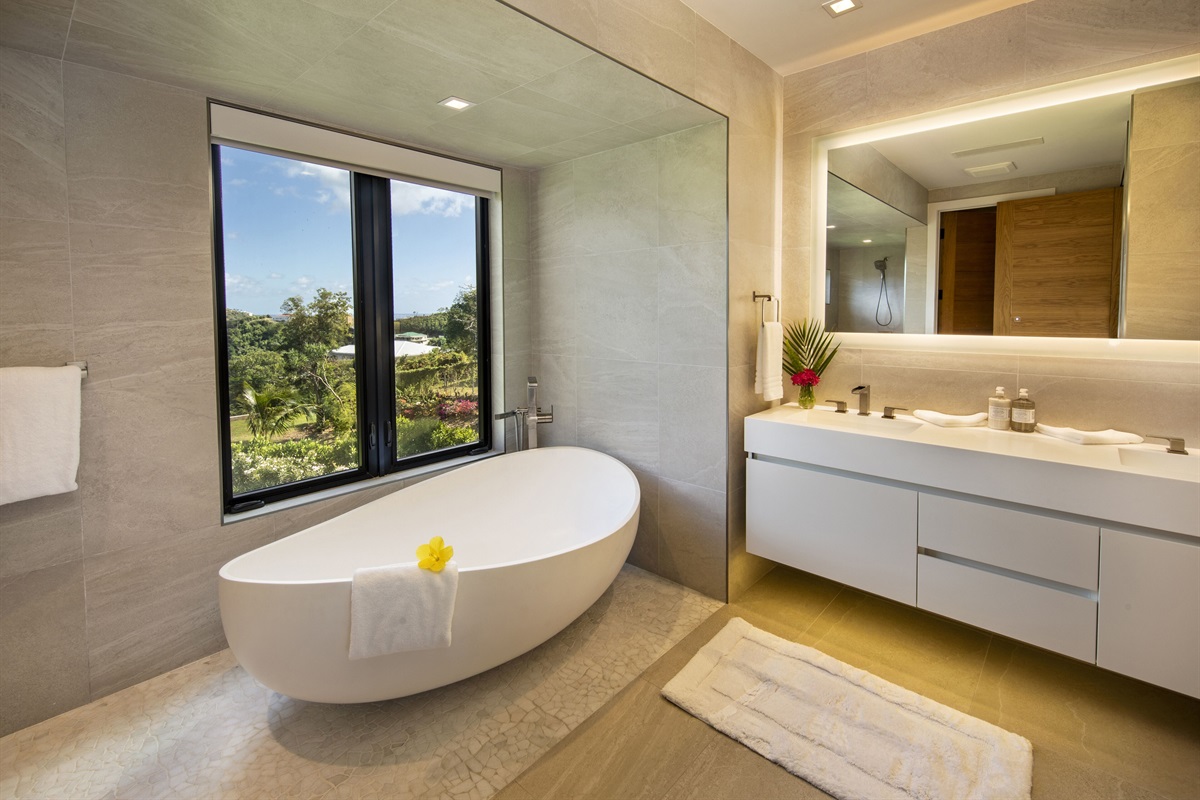 2nd primary bedroom's bathroom with huge soaker tub, shower, two sinks and large closet