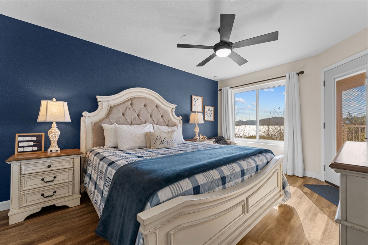 King bedroom with beautiful water views.
