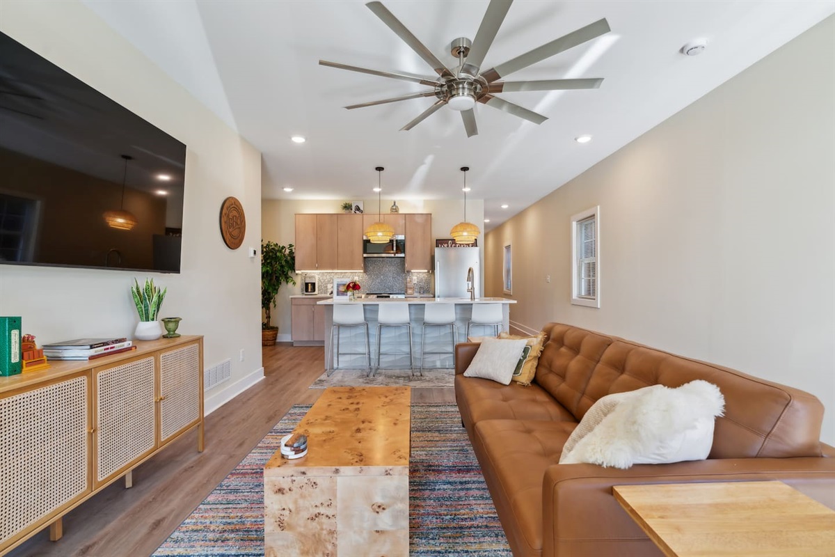 Open concept living room- great for chilling together before and after your excursions!