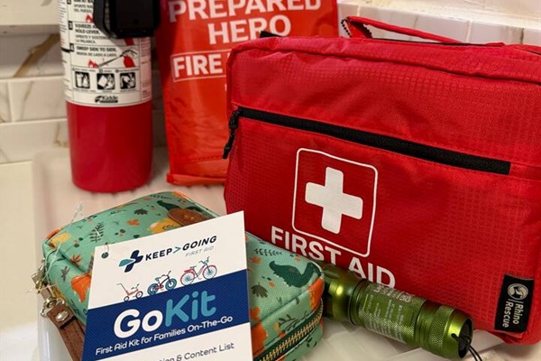 First aid kit (including child-friendly supplies), fire blanket, and fire extinguisher available for your safety.