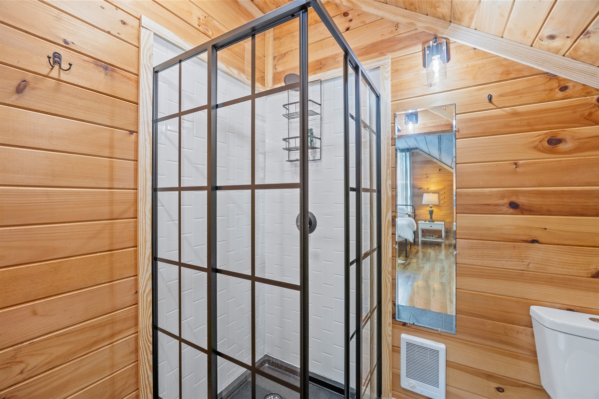 Second bathroom featuring a sleek walk-in shower with black frame accents.