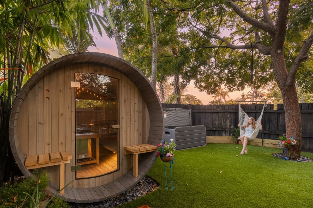 Indulge in spa-like serenity 🧖‍♀️🌿 with a custom barrel sauna and a cozy hammock chair swaying under the trees 🌳.  Your own peaceful corner to unwind and recharge 😌