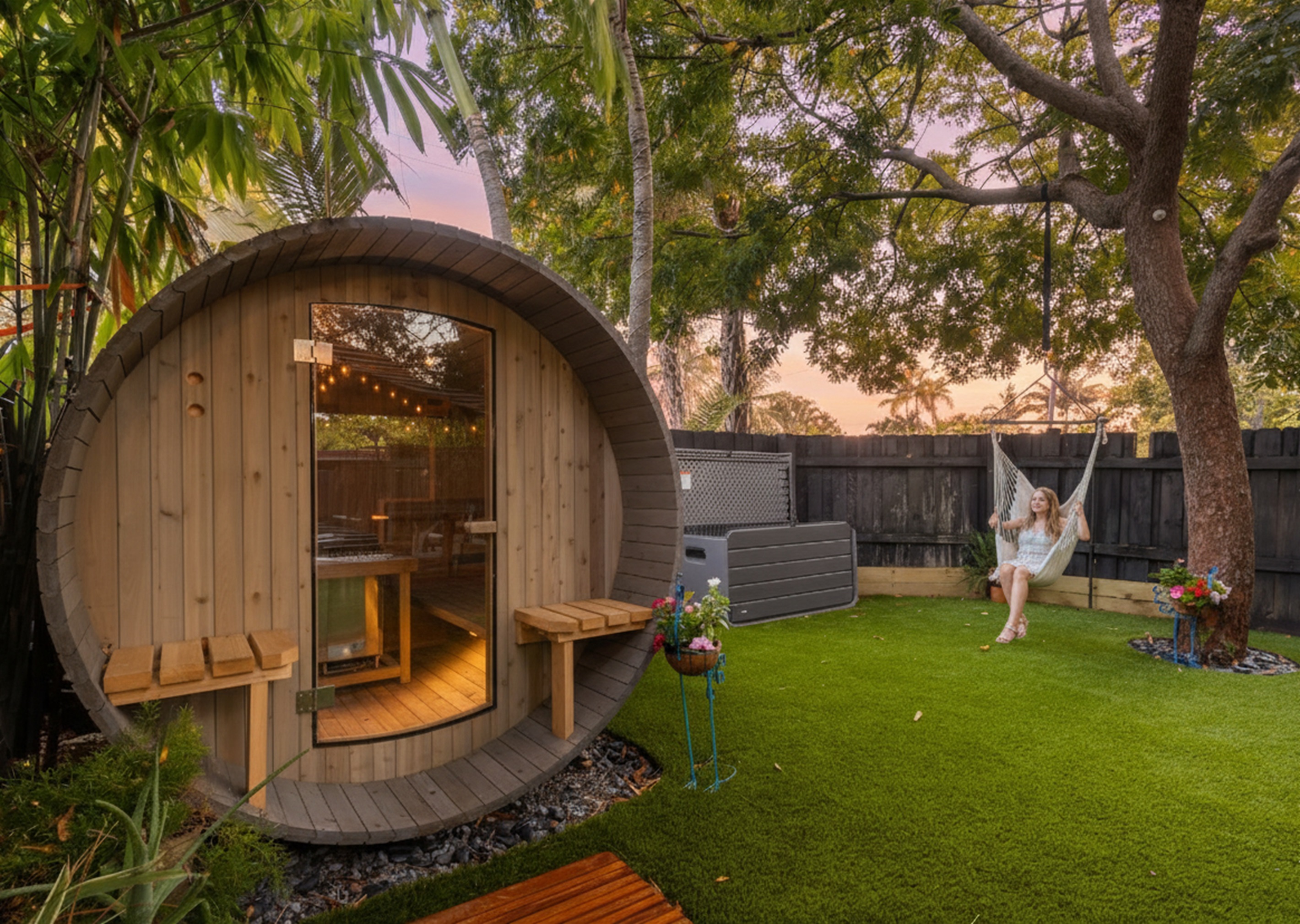 Indulge in spa-like serenity 🧖‍♀️🌿 with a custom barrel sauna and a cozy hammock chair swaying under the trees 🌳.  Your own peaceful corner to unwind and recharge 😌