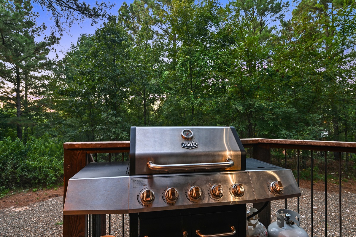 A stainless steel gas grill is ready for your cookouts—perfect for preparing meals to enjoy outdoors with family and friends.