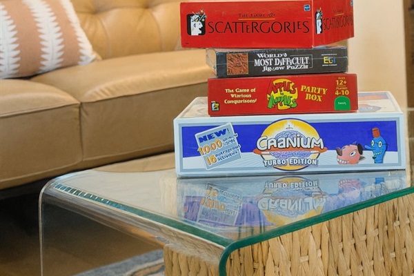 board game, books, music , TV for group to relax and play