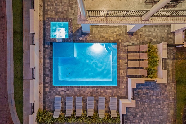 Drone view of 21' x 14' private pool w/ 5' x 5' spa