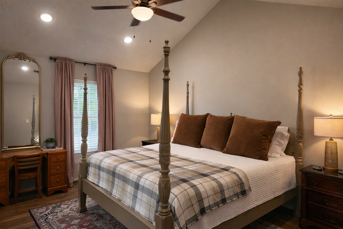 REST: Fall asleep in a luxurious king bed after a day of adventure. Closet + TV + Desk + Ensuite bathroom with tub and stand up shower. 