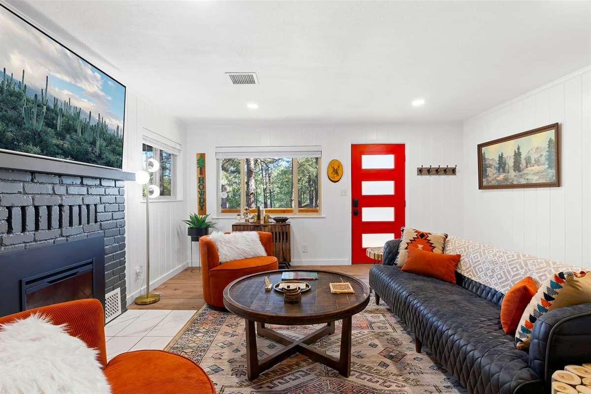 What a treat to spend some conversation time around the electronic fireplace and just relax in the mid-century modern vibe.
