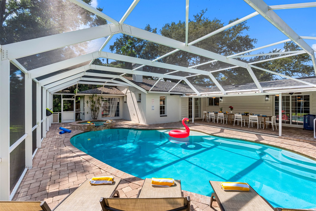 Screened pool enclosure offers year-round enjoyment without worry of pests.
