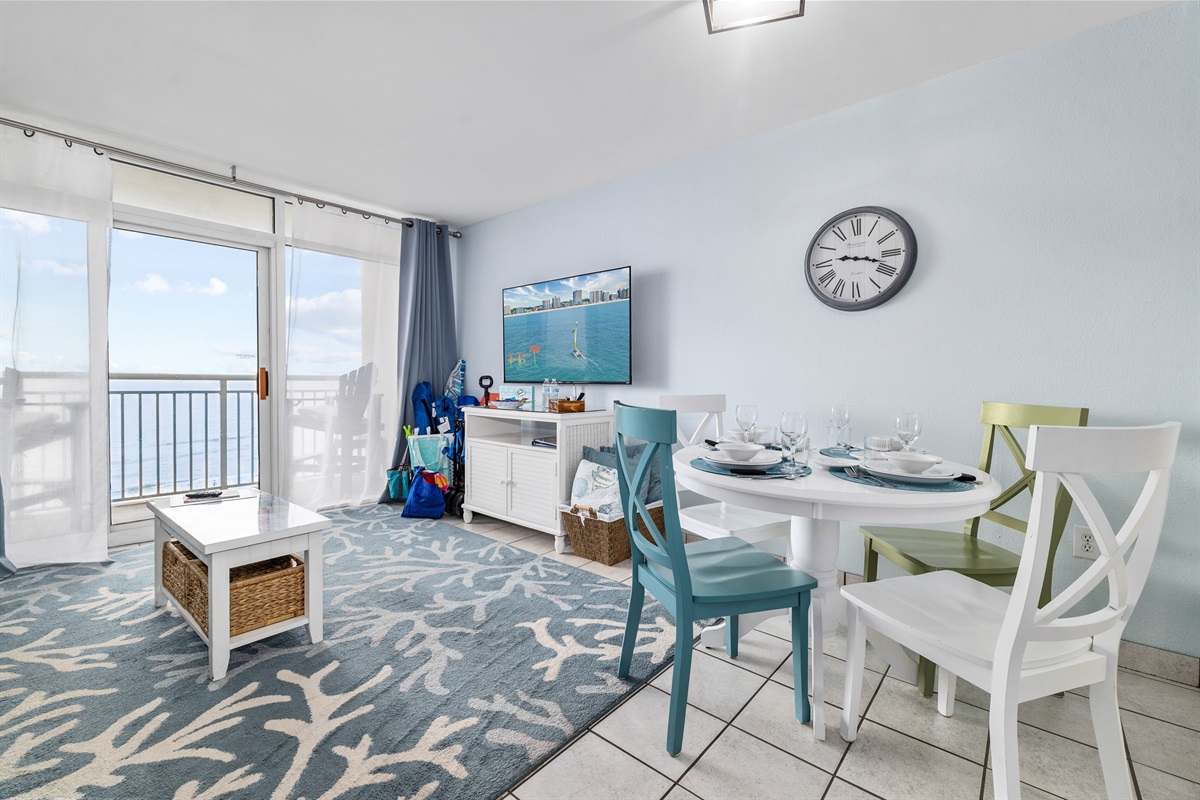 Relax, dine, or stream your favorite shows in this inviting, multi-use living room.