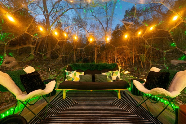 Unique Retreat: Experience "glamping" in a transparent dome surrounded by nature’s beauty! Note: Futon expands into full-size bed (linens are provided for lounging or even sleeping under the stars!)