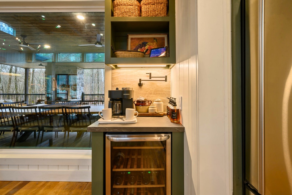 A built-in coffee nook keeps your morning routine simple and cozy, complete with everything you need to start the day.