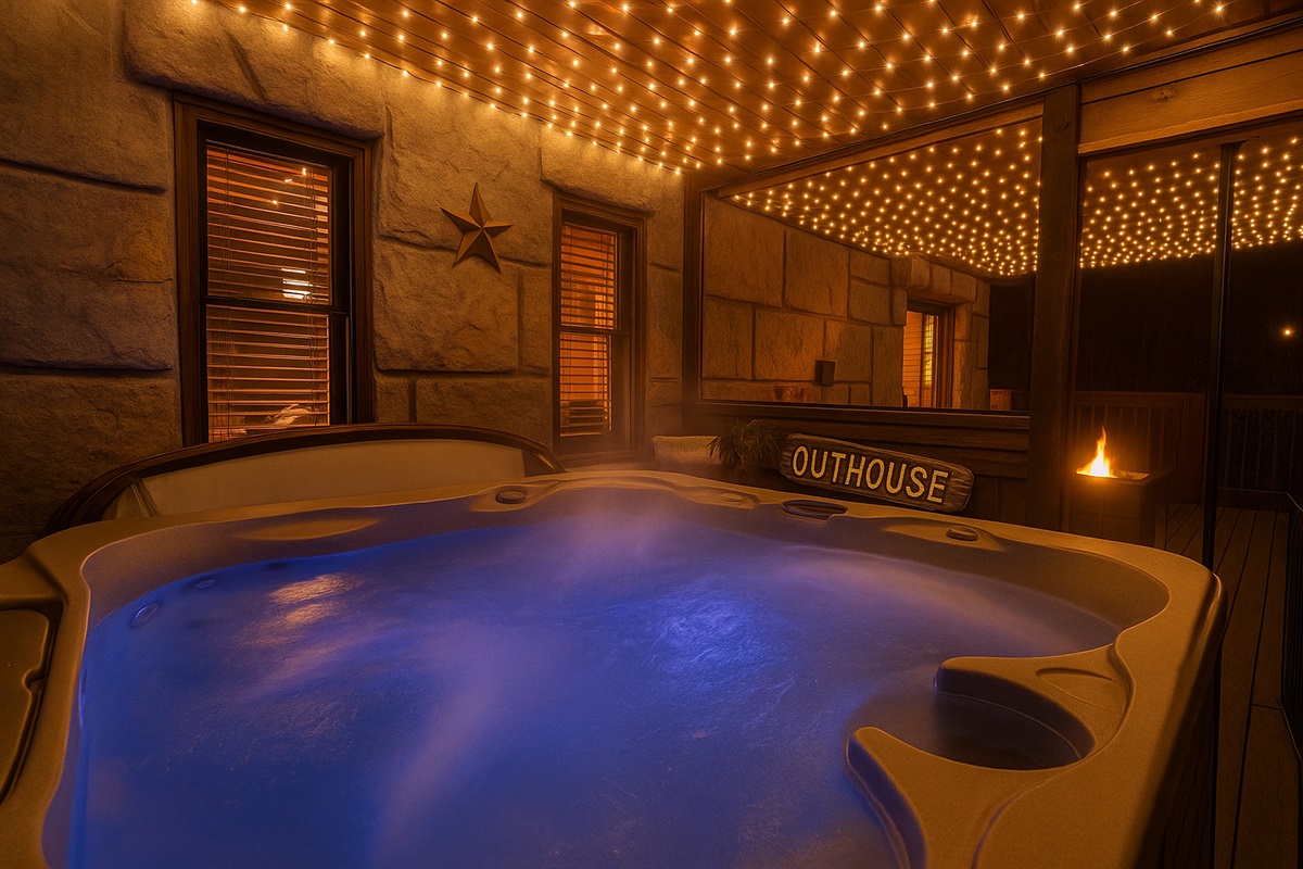 Private enclosed hot tub with screened windows. A perfect mixture of warm water, a light breeze, and the twinkle of lights