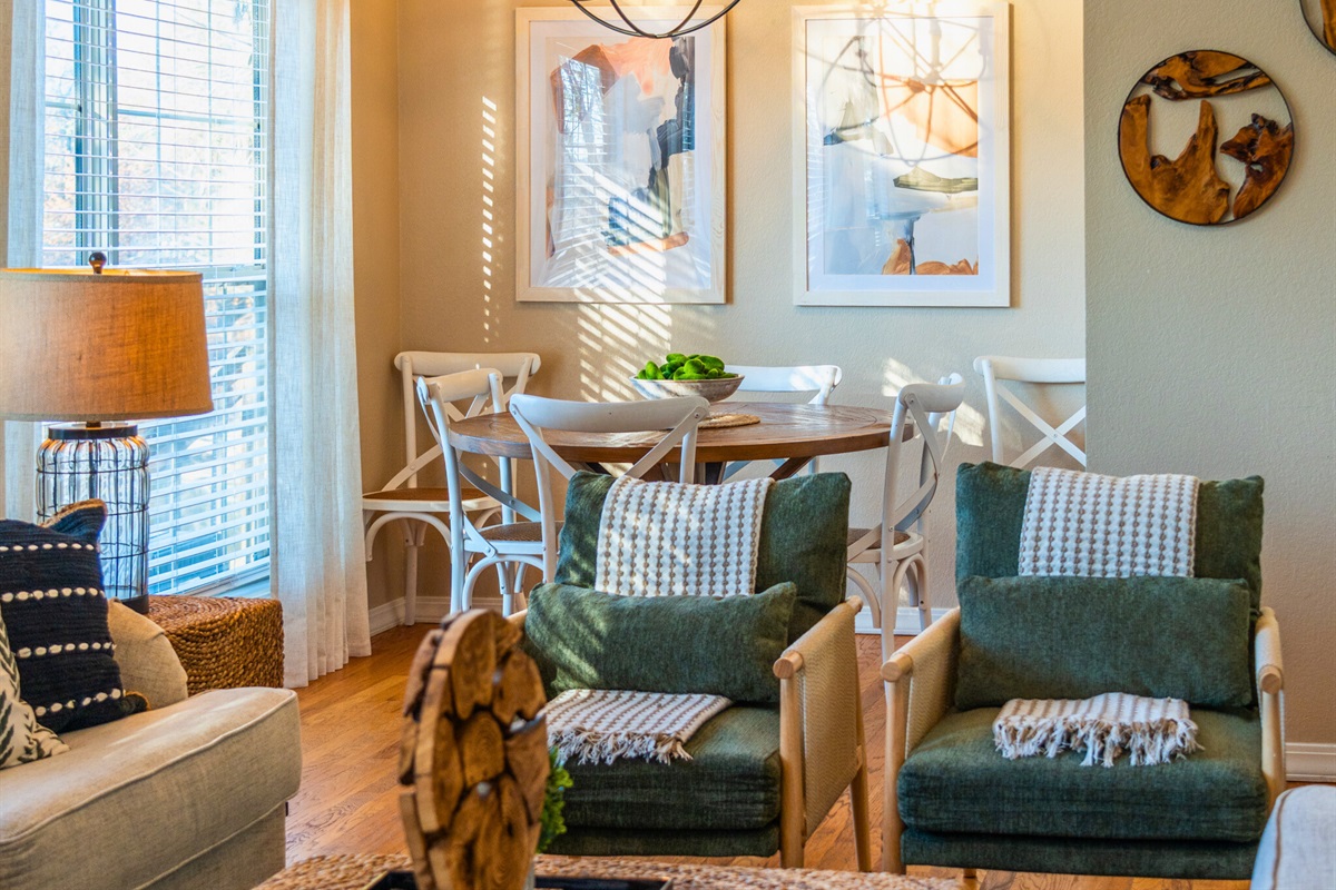 This inviting dining area makes the perfect place to settle in with a cup of coffee or unwind after a day on the lake.