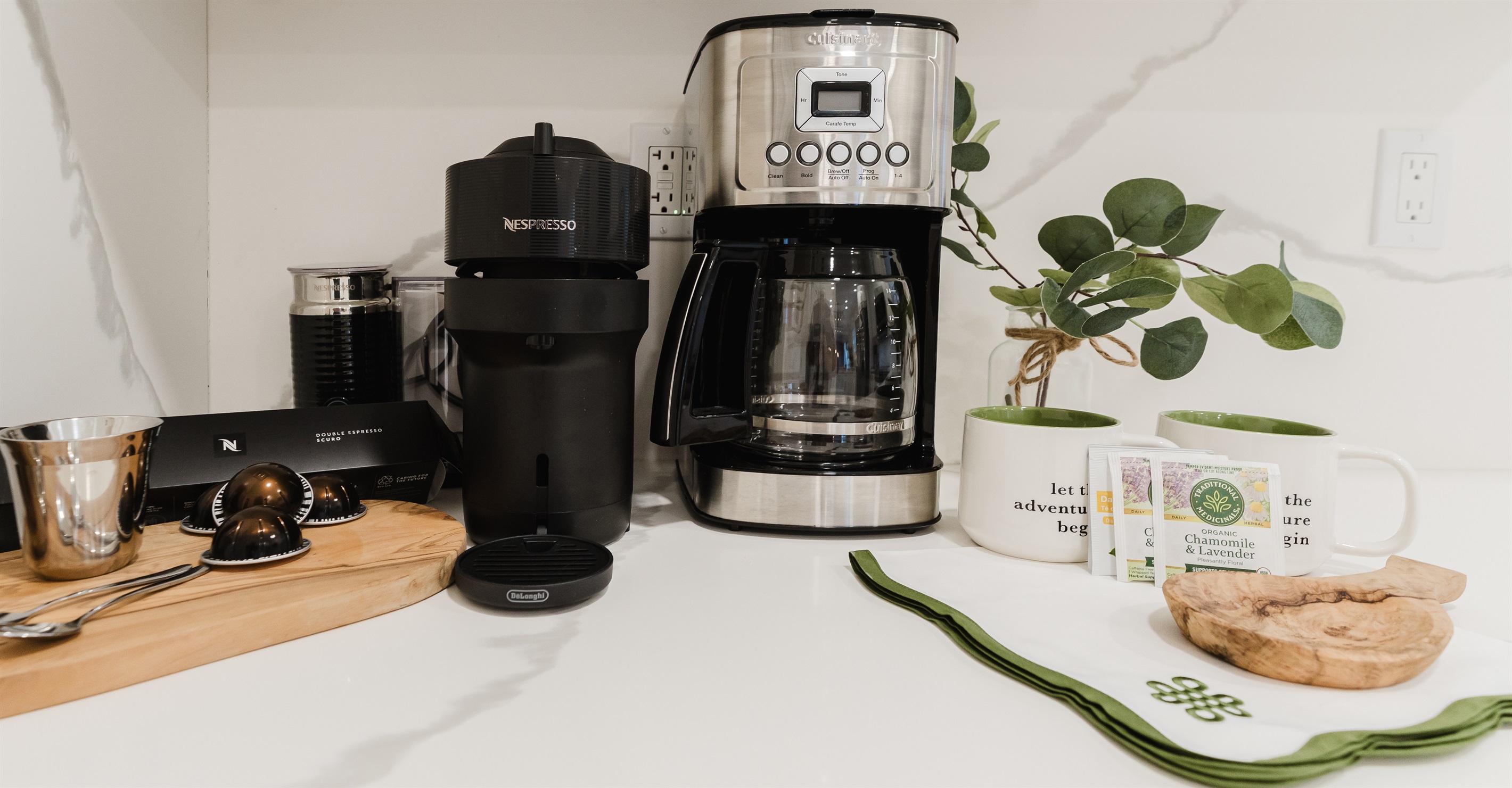 Enjoy slow mornings with a dedicated coffee and tea bar featuring Nespresso espresso, fresh brew options, and calming herbal teas.