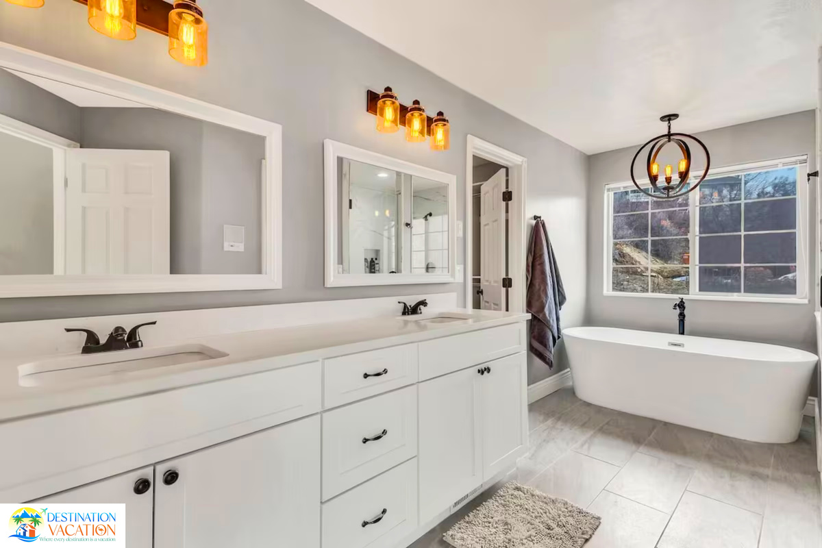 Bright vanity area adds elegance to your morning routine.