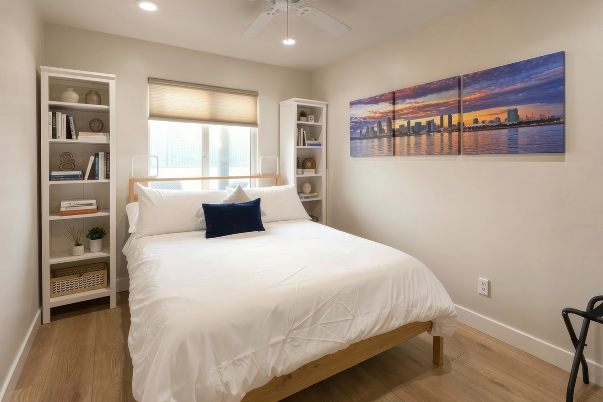 Queen bedroom with closet space and dresser and lots of board games in the closet!