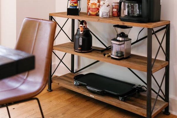 Coffee Bar with organic coffee, tea, flavored syrups and condiments for that perfect morning drink!