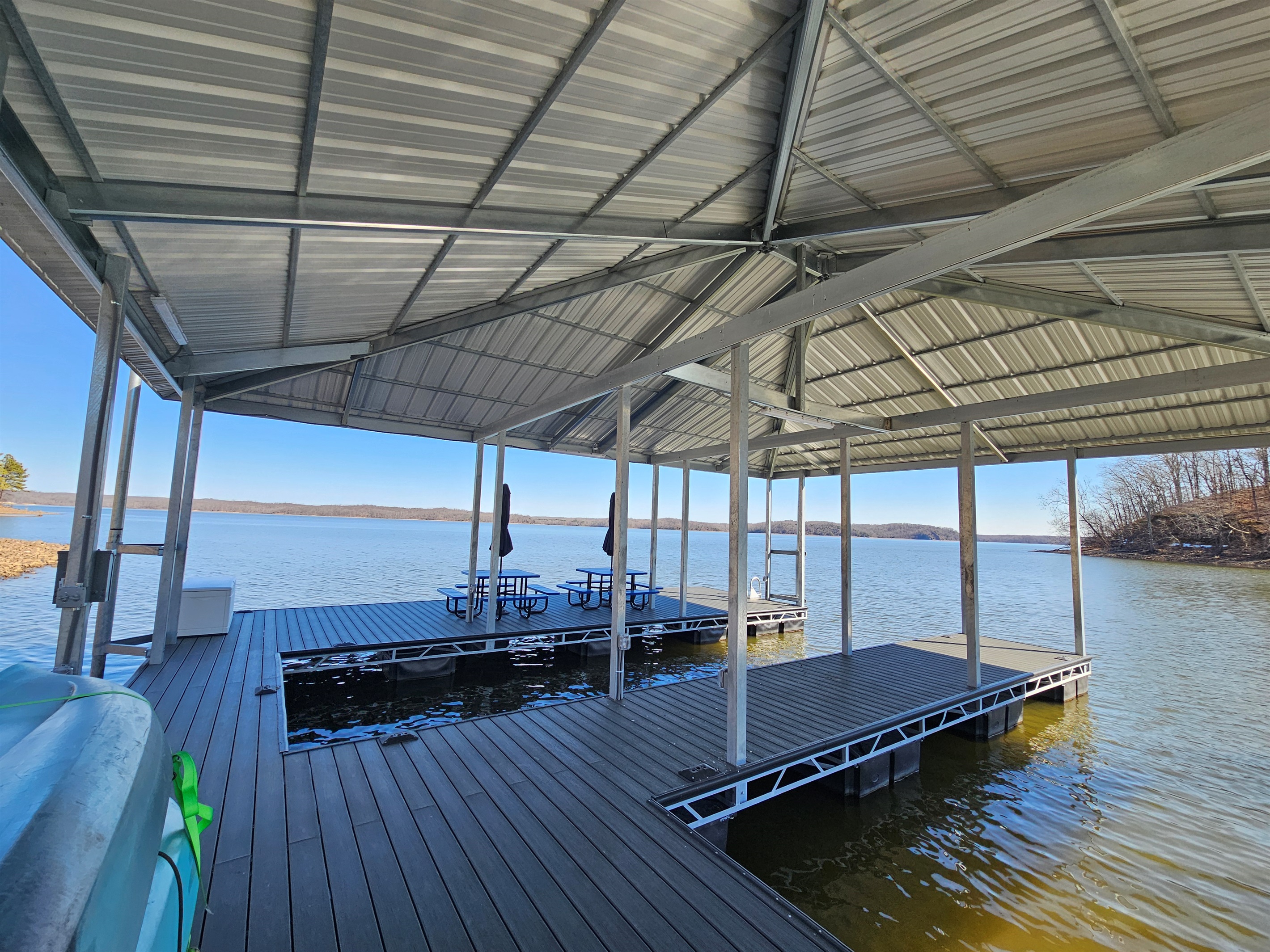 Spacious covered dock with open lounge area