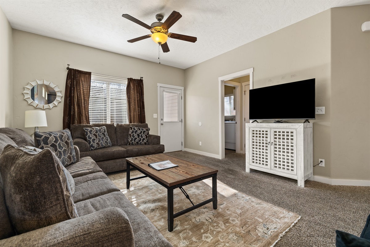 Another view of the entertainment center in the comfortable and inviting living room.