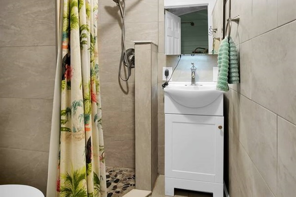 Shared bathroom next to the kitchen with full shower and sink