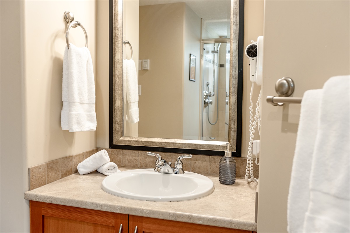 Unit B. Oversized Rain shower! Super large bathroom. Easy to move around. All linens provided. Body soap, shampoo and condtioner provided as well.