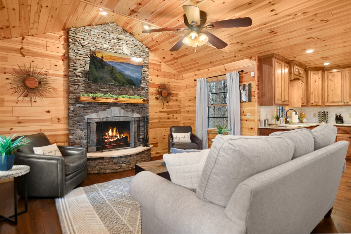 Living room w/ wood burning fireplace