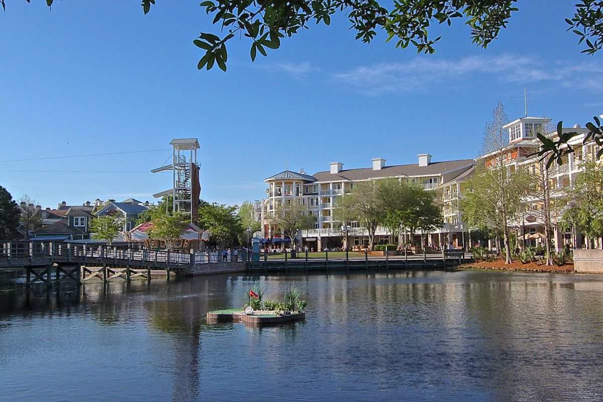 Baytowne Wharf lagoon, boardwalk and zipline tower, steps from the front door