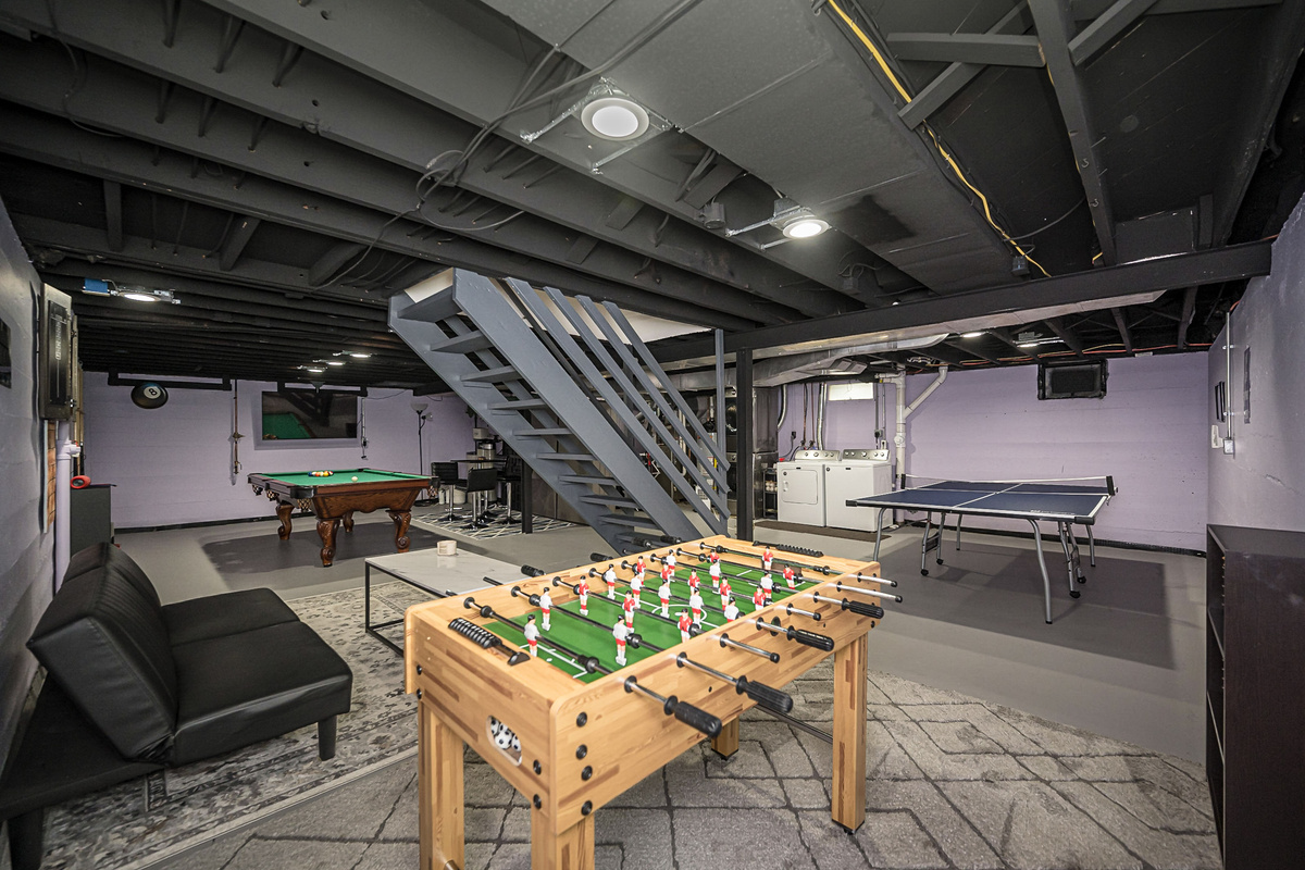 There's a place to sit on the futon and a foosball table