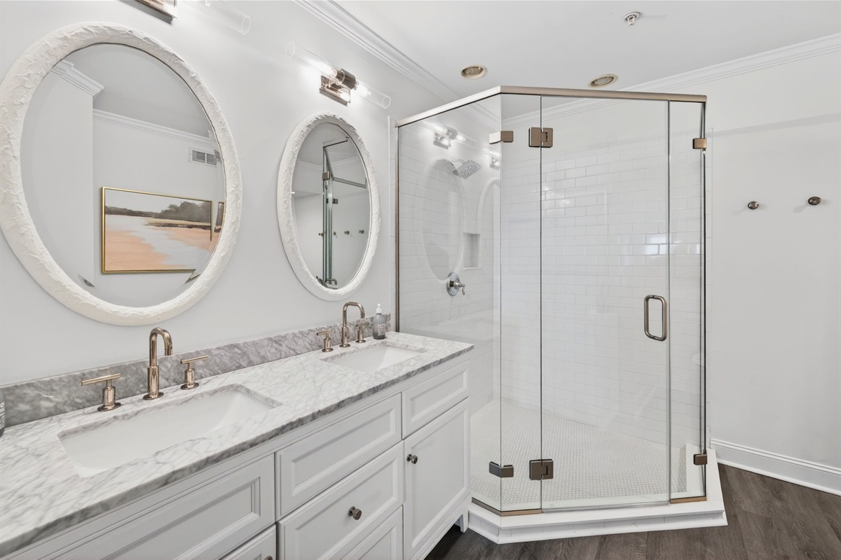 Primary Ensuite Bath | 1006 Ocean Blvd, Isle of Palms, SC | 102 Dunescape | IOP Escapes