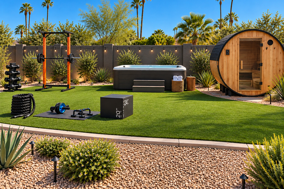 {Gym & Wellness Area} Your private outdoor wellness zone — complete with a full open-air gym, 6-person barrel sauna, and 2-person cold plunge for workouts, recovery, and Scottsdale sunshine.