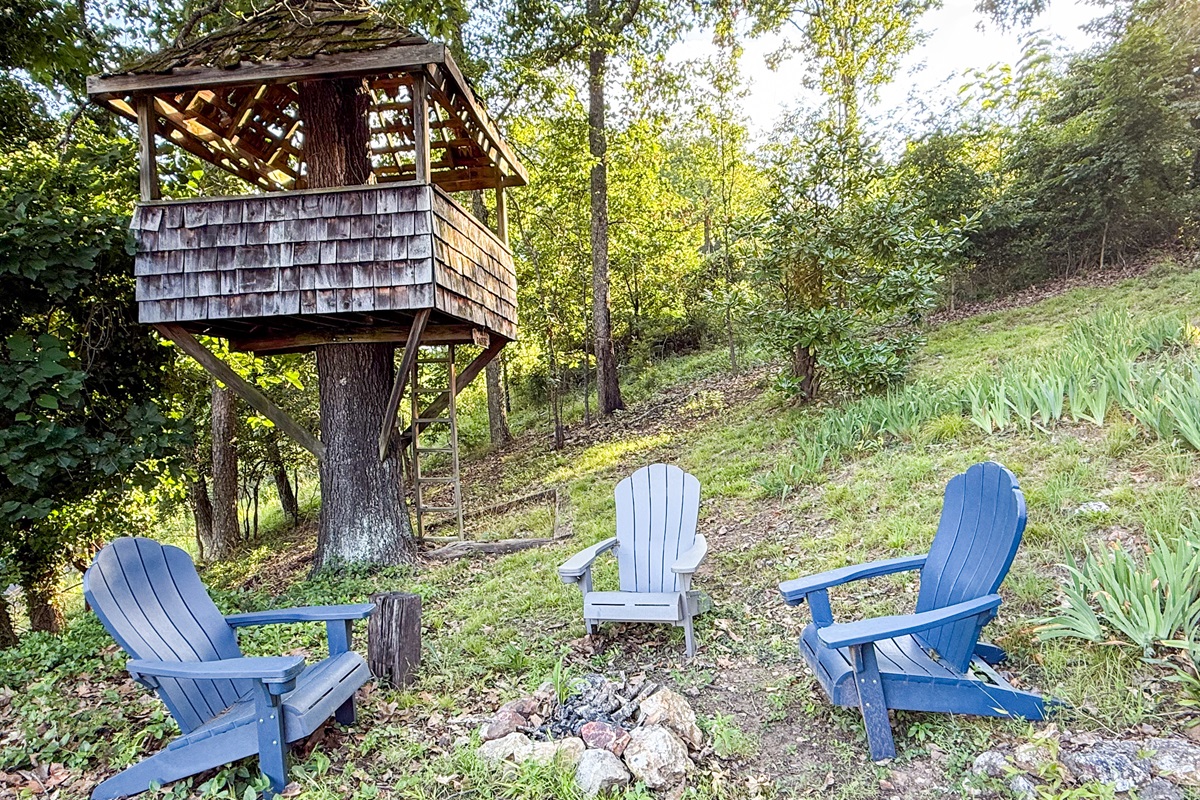 Gather around the outdoor firepit with seating, just steps away from the charming treehouse.