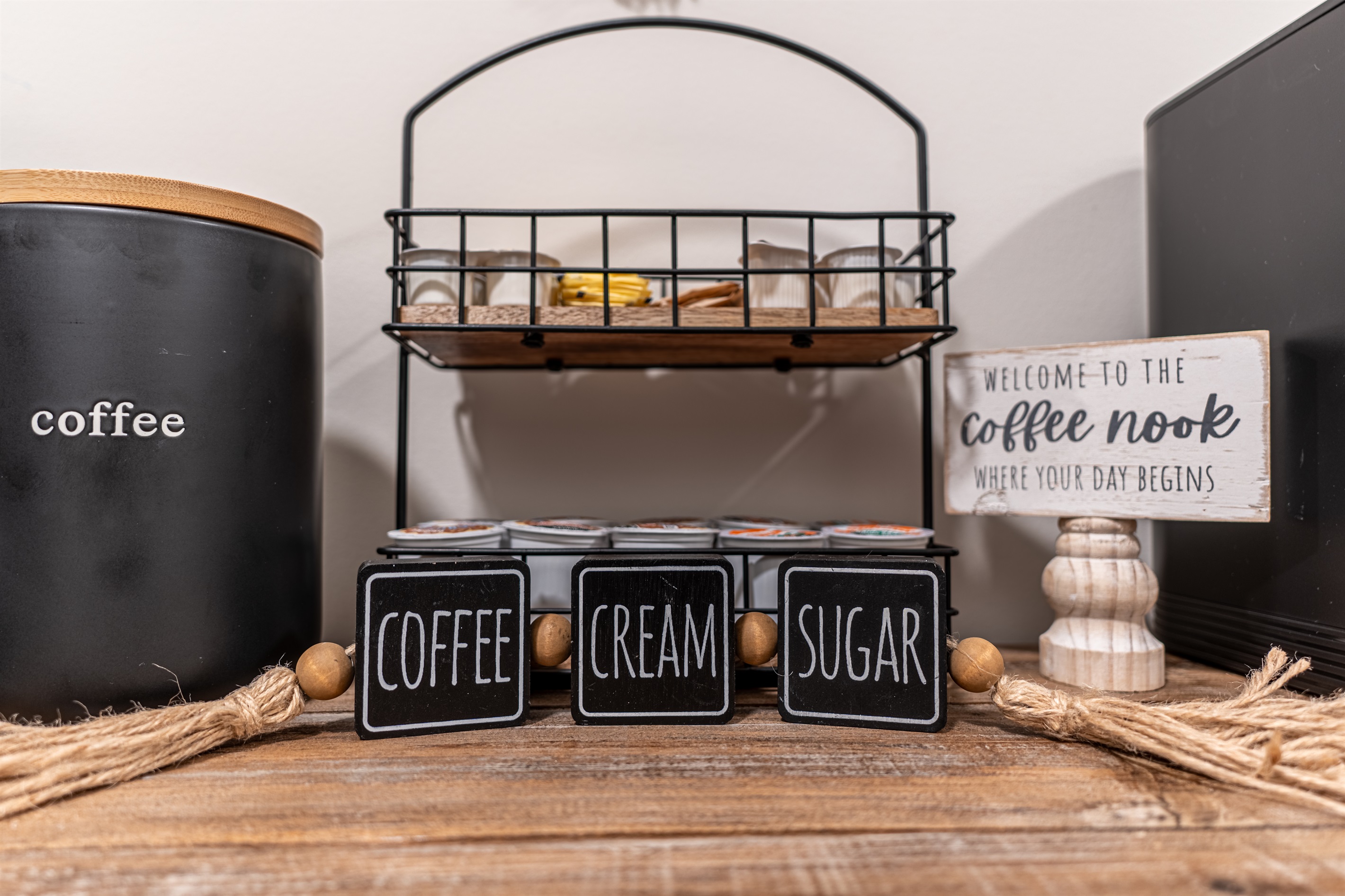 Coffee bar with supplies and plenty of coffee for your stay