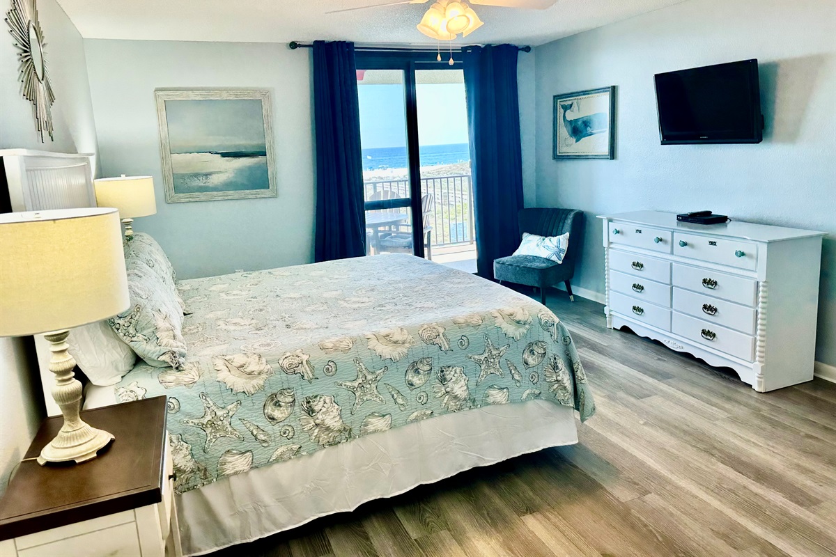 You'll have plenty of storage and a flat screen TV to use. Unpack, and unwind, and enjoy that view!!