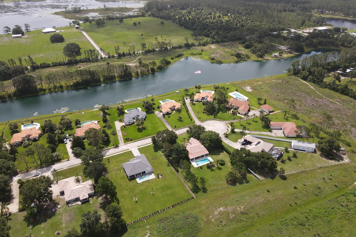 Drone view of cul de sac and Lake Denise