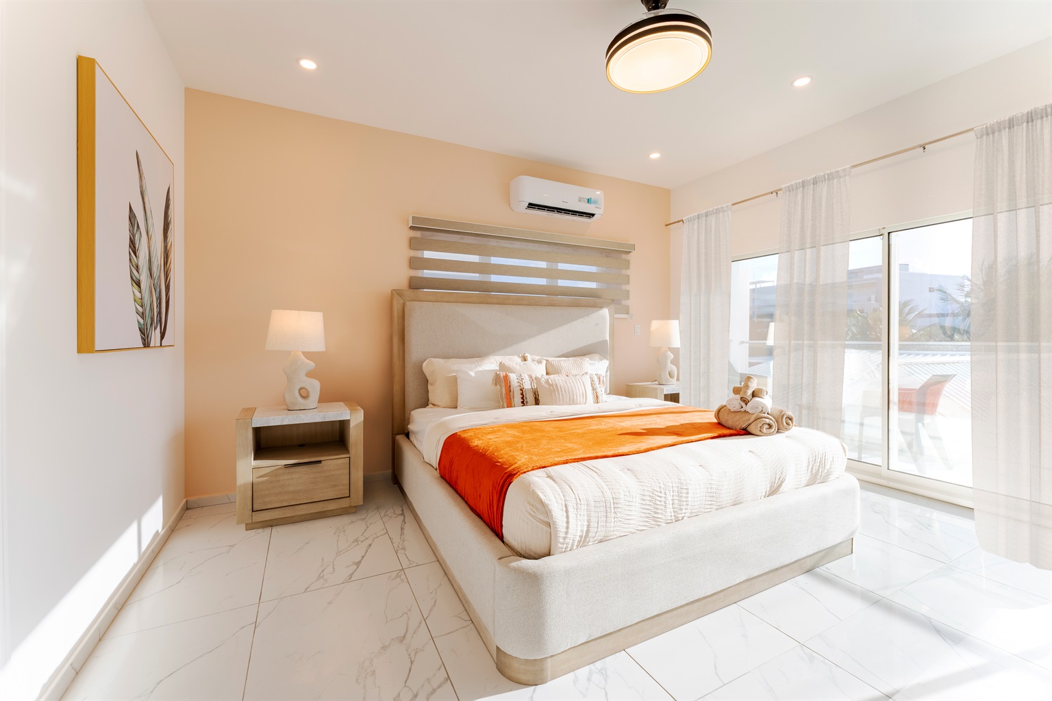 Drift off in the plush King-sized bed featuring an oversized Ac unit for climate control