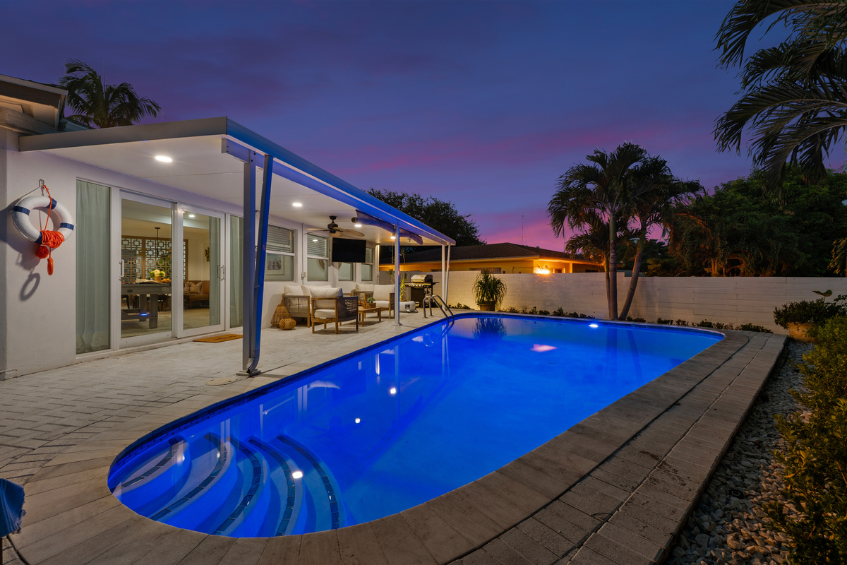 A stunning poolside setting as evening settles in
