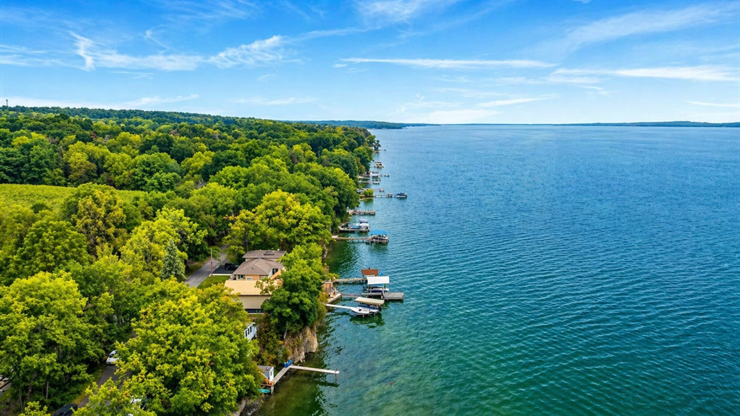 Enjoy a private lakeside experience with stunning views that stretch as far as the eye can see. The serene atmosphere is ideal for relaxing and enjoying the tranquility of the Finger Lakes. ️